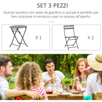 Outsunny Tavolino con Sedie da Giardino Pieghevoli in Acciaio Marrone, Set 3 Pz per Balcone, Terrazzo, Esterno(m-6)