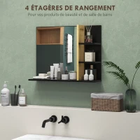 HOMCOM Miroir mural de salle de bain avec étagères de rangement - 3 étagères latérales + 1 étagère inférieure - bois de bambou(m-4)