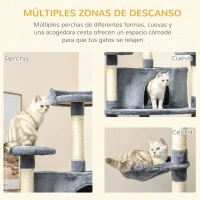 PawHut Árbol Rascador para Gatos 200 cm Torre para Gatos con 2 Cuevas 2 Hamacas Cama Postes de Sisal 60x60x200 cm Gris(m-6)