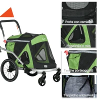 PawHut Rimorchio Bici e Passeggino per Cani 2 in 1 Pieghevole con Catarifrangenti e Bandierina, Verde(m-8)