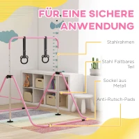 HOMCOM Kinder-Turnbarren mit Ringen, höhenverstellbar, klappbar, rutschfest, Stahlrahmen, 148x105x88-128 cm, Pink(m-5)