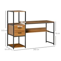 HOMCOM Industrial Computer Desk with Drawers and Storage Shelves, 140 x 50cm Home Office Desk, Study Table, Light Walnut Brown(m-3)