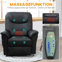 HOMCOM Massagestuhl mit Aufstehhilfe, 8 Vibrationspunkte, Heizfunktion, Fußstütze, Schwarz(m-5)