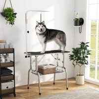 PawHut Foldable Dog Grooming Table Pet Drying Table with Adjustable Arm Non-Slip Rubber Tabletop Aluminium Alloy Edge Stainless Steel Bar Sling 94.5 x 55 x 81cm Black(m-10)