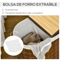 HOMCOM Cesto para Ropa Sucia de Bambú Capacidad de 100L Cesta para la Colada con 2 Compartimentos  62,5x37x60,5cm Marrón(m-5)