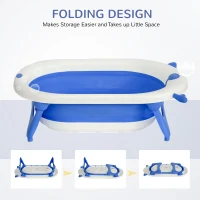 HOMCOM Foldable Baby Bathtub Set, Collapsible Bath Tub with Thermostatic Water Plug, Non-Slip Support, Cushion Pad, Drain Plugs, for Newborn to 3 Years - Blue(m-5)