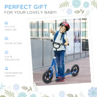 HOMCOM Kids Scooter Kick Scooter, with 12" EVA Tyres, Rear Brake, Big Wheels Scooter for 5-12 Years , Blue(m-6)
