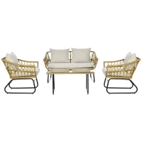 Outsunny Gartensitzgruppe, 4-tlg., Rattanoptik, rechteckiger Tisch, zwei Stühle, Zweisitzer, mit Sitzkissen, Sandfarbe(m-10)