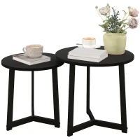 HOMCOM Moderner Couchtisch als 2er-Set, Metallrahmen, MDF, Rundes Design, ineinander verschiebbar, Schwarz(m-1)