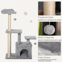 PawHut Árbol Rascador para Gatos Altura 114 cm con Postes de Sisal 3 Plataformas Casita y 2 Bolas Colgantes Gris Claro(m-5)