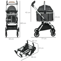 PawHut Poussette pour chiens 3 en 1 pliable panier de transport avec poignée habillage de pluie 77 x 44 x 100 cm gris(m-3)