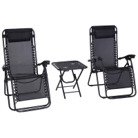 Outsunny Folding Zero Gravity Chairs, 3 Pieces Adjustable Sun Lounger and Table Set with Cup Holder and Headrest, Patio Bistro Set with Reclining Garden Chairs for Outdoor, Black(m-11)