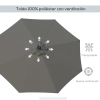 Outsunny Parasol de Terraza Ø268x238 cm con 24 Luces LED Solar Mecanismo de Inclinación Manivela y Poste Desmontable Gris(m-6)