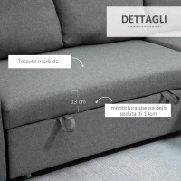 HOMCOM Divano Letto 3 Posti e Penisola con Contenitore, Rivestimento Tessuto Effetto Lino, 211.5x146x85cm(m-6)