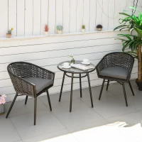 Outsunny 3 Pieces Rattan Bistro Set, Wicker Garden Furniture Set with Round Glass Top Coffee Table and Chairs, Washable Cushions for Outdoor, Patio, Balcony, Grey(m-10)