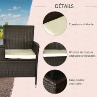 Outsunny Banc de jardin design contemporain 133L x 63l x 84H cm banc double chaise avec coussins assise + tablette intégrée résine tressée chocolat polyester crème(m-5)