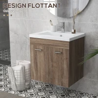 kleankin Meuble sous lavabo suspendu avec bassin en céramique et 2 compartiments 60 x 45,5 x 60 cm marron clair(m-4)