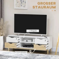 HOMCOM TV-Bank mit 4 Schubladen, 2 Fächern, Kabelöffnung, 120 cm x 40 cm x 44,5 cm, Natur + Weiß(m-4)