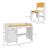 ZONEKIZ Escritorio para Niños con Silla Conjunto de Escritorio de 2 Piezas con Cajón y Armario Blanco y Natural(m-3)