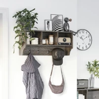 HOMCOM Perchero de Pared Estantería de Pared con 4 Ganchos y 3 Compartimientos para Pasillo Entrada 80x24x35,5 cm Gris(m-7)