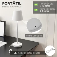 HOMCOM Lámpara de Mesita de Noche con Luces LED Lámpara de Mesa Inalámbrica USB-C Recargable 3 Colores Ø11,2x36,5 cm Blanco(m-4)