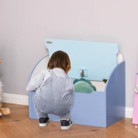 HOMCOM Kids Wooden Toy Box Children Storage Chest Bench Organiser Safety Hinge Bedroom Playroom Furniture Blue(m-10)