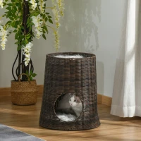 PawHut Cesta de Ratán para Gatos Cama Cueva de 2 Niveles con Cojines Lavables Ø45x50 cm Marrón Oscuro(m-2)