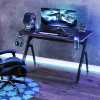 HOMCOM RGB 120 x 66cm Gaming Desk, Computer Table with Carbon Fibre Surface, Headphone Hook, Cup Holder, Controller Rack, Home Office Desk, Black(m-2)