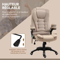 Vinsetto Fauteuil de bureau massant et chauffant, chaise de bureau, chaise ergonomique avec hauteur réglable, dossier inclinable et télécommande filaire, pivotant à 360° tissu en polyester beige(m-5)