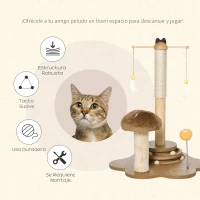 PawHut Rascador para Gatos con Postes de Sisal en Forma de Seta Juguete Colgante Plumas Pista de Bolas de Madera y Bola con Muelle Base Ancha 46x44x56,5 cm Marrón y Beige(m-5)