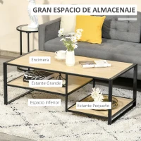 HOMCOM Mesa de Centro de Salón con 2 Estantes de Almacenamiento Mesa Baja con Marco de Acero para Dormitorio 120x60x46 cm Roble(m-4)
