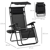 Outsunny 2 Piece Foldable Reclining Garden Chair with Headrest, Zero Gravity Deck Sun Lounger Seat Chair with Footrest, Armrest, Cup Holder & Canopy Shade, Black(m-3)