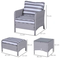 Outsunny 5 Pieces PE Rattan Garden Furniture Set with 10cm Thick Padded Cushions, Wicker Weave Outdoor Seating Chairs with 2 Armchairs, 2 Stools, Glass Top Table, Grey and White(m-3)