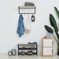 HOMCOM 2-in-1 Garderobenset Flurgaderobe mit Sitzbank Wandgarderobe für Eingangsbereich, 6 Haken, Natur+Schwarz, 75 x 30 x 45 cm(Sitzbank)(m-7)
