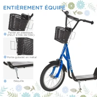 HOMCOM Trottinette patinette Enfant Grandes Roues pneumatiques Guidon réglable Frein AV-AR Garde-Boue béquille Panier métal Bleu Noir(m-6)