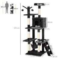 PawHut Árbol para Gatos Centro de Múltiples Actividades de Mascotas con Postes de Rascador Sisal Canasta Hamaca Hábitat Bolas Colgantes Habitación 49x49x155 cm Gris Oscuro(m-3)
