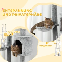 PawHut Kratzbaum, 4 Etagen, deckenhoch, verstellbar 225-255 cm, Hängematte, Haus, Grau(m-5)