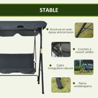 Outsunny Balancelle de Jardin 3 Places Toit Inclinaison réglable Coussins Assise et Dossier 1,72L x 1,1l x 1,53H m Acier époxy Noir Polyester Gris(m-7)