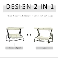 Outsunny Dondolo da Giardino 3 Posti Convertibile in Letto con Tetto Regolabile e Portabicchieri, Dondolo da Esterno in Acciaio e Poliestere, 200x120x164 cm, Crema(m-4)