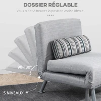 HOMCOM Fauteuil convertible 3 en 1 chauffeuse lit 1 place avec coussin gris(m-4)