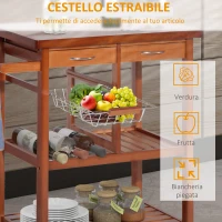 HOMCOM Carrello Portata da Cucina in Legno con Portabottiglie, Cestello, 2 Ripiani, 2 Cassetti, Legno di Pino, Resistente, Agevole, Versatile, 84.5x37.2x85cm(m-7)