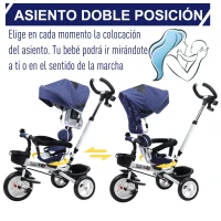 HOMCOM Triciclo para Bebés Plegable Triciclo Evolutivo 2 en 1 para Niños +18 Meses con Toldo Plegable Mango de Empuje Telescópico Reposapiés Cinturón de Seguridad y Cestas Azul(m-5)