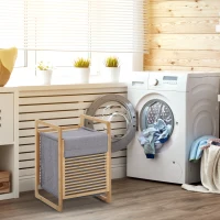 HOMCOM Panier à linge en bambou avec couvercle et poignées grand capacité pour chambre à coucher balcon salle de bain et buanderie 40 x 35 x 60,5 cm bois naturel et gris(m-2)