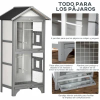 PawHut Jaula para Pájaros de Madera con 3 Puertas 4 Perchas Bandeja Extraíble y Techo Asfáltico 80,5x57x153 cm Gris Claro(m-5)