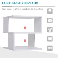HOMCOM Table Basse Bout de canapé Design Contemporain asymétrique dim. 40L x 40l x 43H cm 2 étagères Panneaux Particules Blanc(m-5)