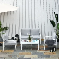 Outsunny 4pcs Garden Sofa Set 2 Single Armchair, 1 Bench & 1 Coffee Table Set Aluminum Frame Patio Furniture with Cushions, White(m-2)