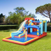 Outsunny 4-in-1 Bouncy Castle, with Slide, Trampoline, Climbing Wall, Blower, Multicoloured(m-10)