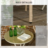 Outsunny Conjunto de Jardín de 3 Piezas de Ratán Sintético Set de 2 Sillas y 1 Mesa con Encimera de Cristal Caqui y Natural(m-7)