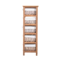 HOMCOM Armario Auxiliar 5 Cajones Cajonera Madera Mimbre 40x29x90cm Estanteria Organizador NUEVO (Madera Natural)(m-4)