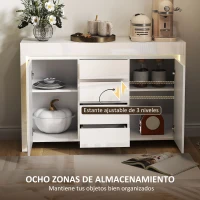 HOMCOM Aparador de Salón con Luces LED 4 Cajones Cierre Suave Estantes Ajustables y Mando a Distancia 120x34x80cm Blanco Brillo(m-6)